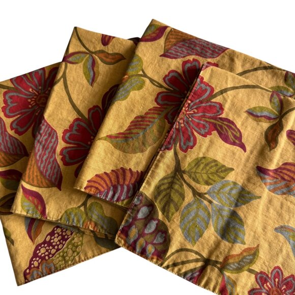 Handcrafted Cotton Napkins Set Of Four Reversible Warm Florals/Stripe 20'x20' - Picture 8 of 11